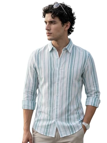 Image of Urbano Fashion Men's Cotton Full Sleeve Relaxed Fit Linen Striped Shirt with Spread Collar