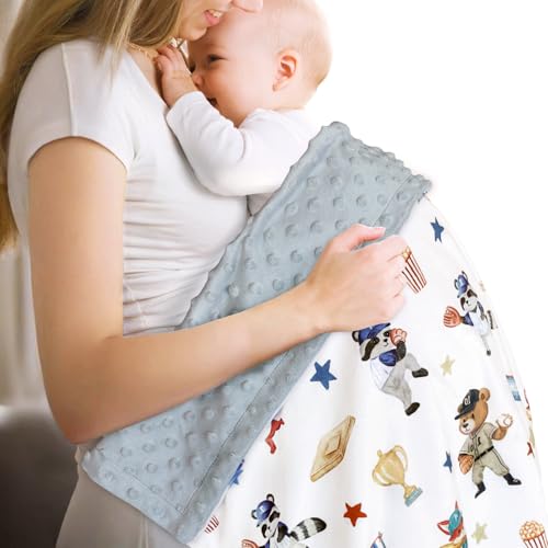 Image of BORITAR Baby Blanket for Boys Girls, Soft Lightweight Minky Blanket with Double Layer Dotted Backing for Infant Toddler Nursery Crib with Cute Woodland Animal Baseball Design, 30 x 40 Inch