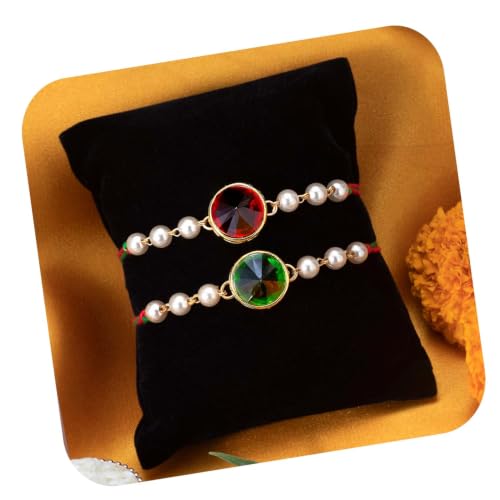 Image of Peora Rakhshabandhan Thread Rakhi for Brother Bhaiya | Kundan Beads & Crystal Studded | Combo Set of 2 | Rakhi Hamper Roli Chawal & Greeting Card