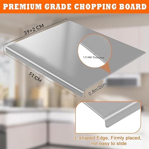 Image of HOMEZE 304 Stainless Steel Chopping Board 51 x 41 cm - Rust Proof, Non‑Slip & Heavy Duty Counter Top Cutting Board with Lip, Smooth Round Edge - for Cutting Vegetables, Fruits, Meat & Kneading Dough