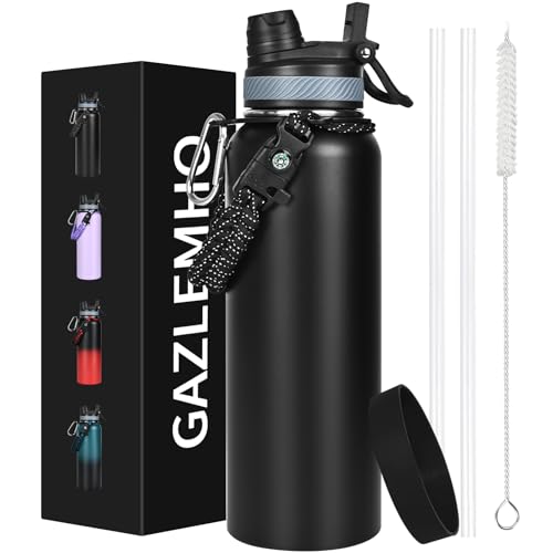 Image of GAZLEMHO 40 oz Insulated Water Bottle with Straw& Spout 2-in-1 Lid, Triple Wall Vacuum Stainless Steel Cold 48H, Leak Proof Sports Metal Flask Jug with Paracord Handle, Black