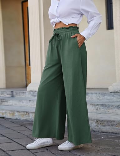Yeokou Women Linen Cotton Wide Leg Pants Drawstring Elastic High Waist Casual Palazzo Trousers with Deep Pockets3