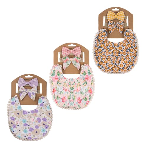 Esumun Baby Girls Reversible Floral Print Bibs Saliva Towel Set, Flounce Edged Burp Cloth and Bow Headband for Newborn Infant Toddlers(SET B)