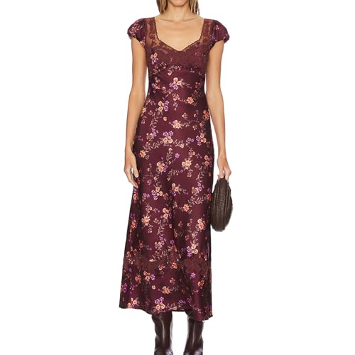 Image of Women Sexy Lace Patchwork Mesh Dress Floral Print Cutout Sweetheart Neck Backless Slit Summer Maxi Dress