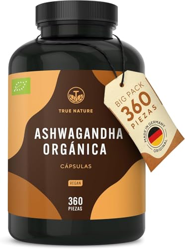 Ashwagandha ecológica - 360 Cápsulas (BIG PACK) - Dosis alta: 2600mg diarios (90 días) - 650mg por cápsula - ashwagandha orgánica cápsulas - Vegano, Producción Alemana - TRUE NATURE