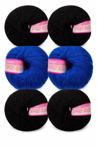 Image of Vardhman BabySoft Knitting Yarn | 100% Acrylic Wool | 4 Ply | Thin Knitting & Crocheting Hook Thread & Lightweight | Special Baby Wool | 150 Grams (6 Balls of 25g) | Machine Washable | Ideal for Blankets, Hats, Booties Ultra-Soft for Baby Sweaters, Blankets, Caps, Socks, Soft toys, Art & craft (Dark Blue 77 + Black 21)