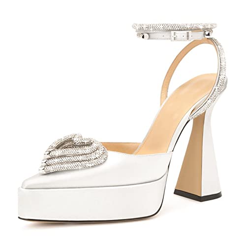 Vertundy Women's Platform Rhinestone Pumps - Ankle Strap Closed Pointed Toe Chunky Heel Satin Triple Heart Fashion Dress Shoes
