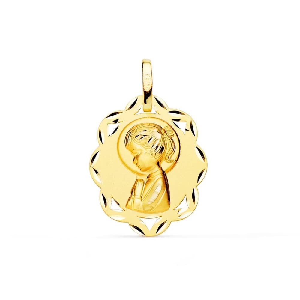 Virgen Niña medalla oro 18k Primera Comunión colgante 20mm. mate brillo detalles tallados