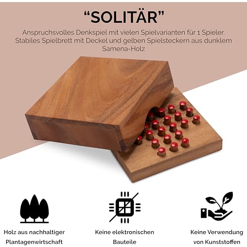 LOGOPLAY Solitär Gr. S - Solitaire - Steckspiel - Denkspiel - Knobelspiel - Geduldspiel - Logikspiel aus Holz - rote Stecker