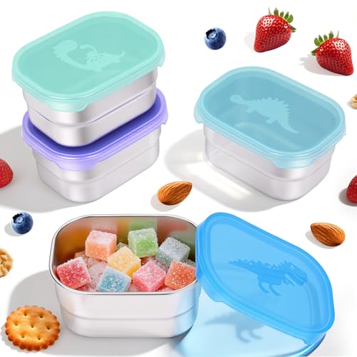 Tanjiae 4×8oz Small Stainless Steel Snack Containers for Kids & Toddlers - 230mL Leakproof Food Containers with Cute Dino Lids | LFGB Certified, Stackable Metal Snack Box for Daycare, School, Travel