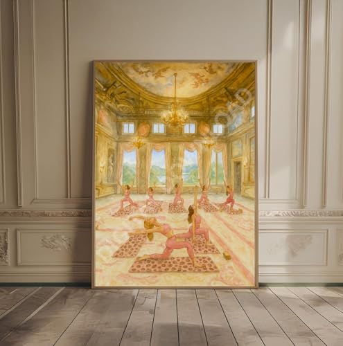 momima Watercolor Pilates and Yoga Wall Art Print for Wellness Studio Decor Featuring a Classical Ballroom Scene with Mat Poses and Serene Fitness Imagery Gift
