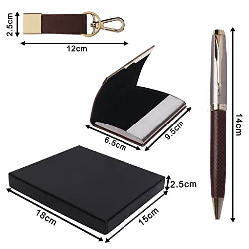 Image of Gift Set with Metal Pen, Magnetic Business /Credit Card Holder and Metal Leather Keychain | Men Gift Items | Birthday Gift Hamper for Boyfriend /Husband /Brother (Brown)