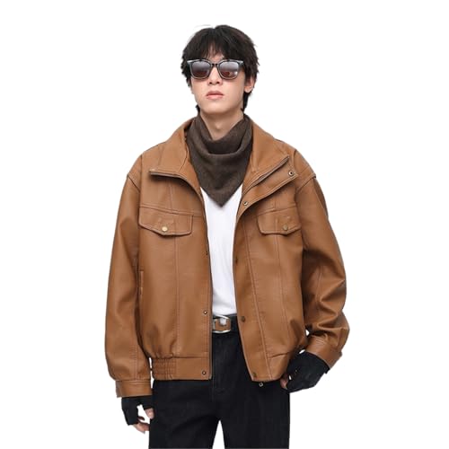 GUOYUXIAO Chaquetas de cuero Retro para motocicleta, ropa informal americana para hombre, primavera y otoño-Khaki Thick-XL