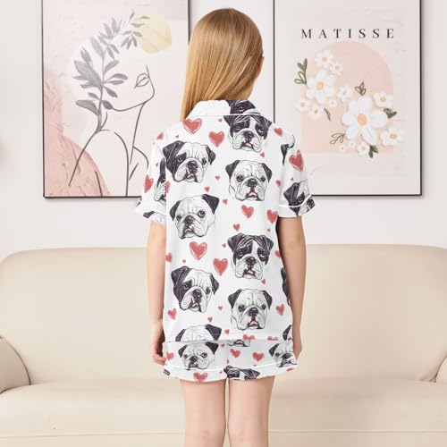 Bulldog Love Heart Pattern Summer Satin Pajama Set, Cute Button-Down Sleepwear Pj Set for Sleep Wears4