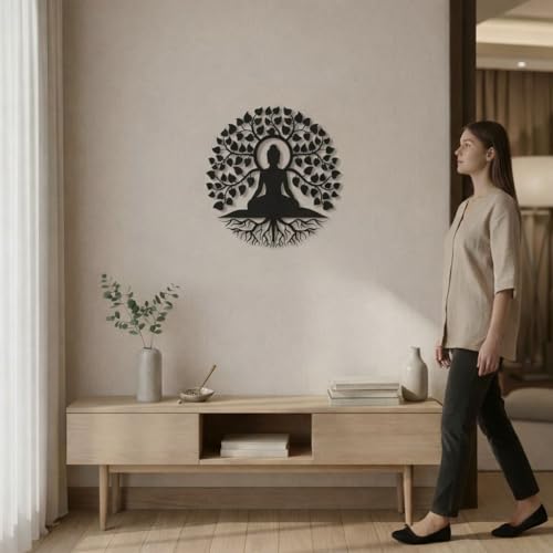 Image of Herrlich Homes Tree of Life Buddha Metal Wall Art |Meditation Yoga Altar Buda Indoor Zen Home Decor |Outdoor Garden Patio Hanging | 40CM X 40CM | Black
