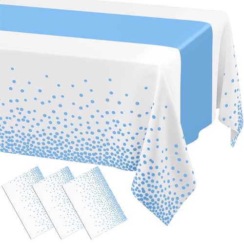 Image of Smiry Plastic Table Cloth Disposable 3 Pack, 54 x 108 Inch Rectangle Waterproof Tablecloth, Printed Gold Table Runner Style for Birthday Weeding, Party, Leakproof & Sturdy, White and Baby Blue