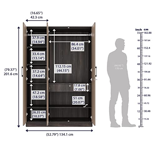 Image of Wakefit Wardrobe | 1 Year Warranty | Engineered Wood Almirah, Cupboard for Clothes Storage | 3 Door, 6 Shelves, 1 Drawer, 1 Hanging Space | Cashmere Plus - Wyoming Maple-Frappe