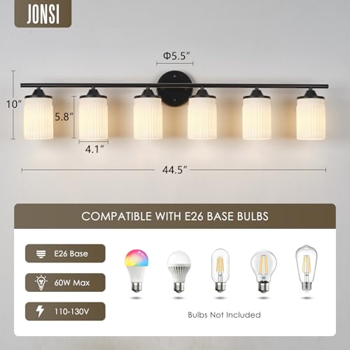 Image of Jonsi Black Bathroom Light Fixtures 6-Light Vanity Lights Modern Wall Sconce with Milk White Shade Brushed Brass Bathroom Light Fixture Over Mirror for Bedroom Hallway Kitchen