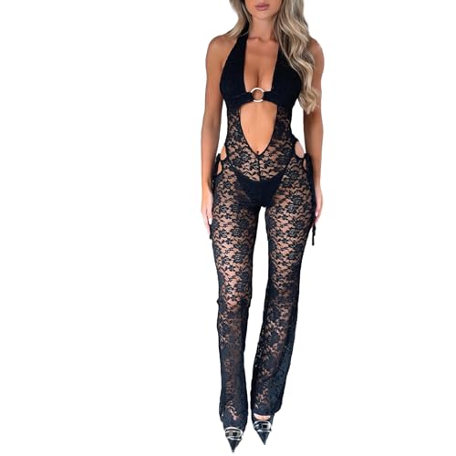 Miqil Women Sexy Lace 2 Piece Outfits Fairycore Slim Fit Y2k See Through Cami Top High Waist Mesh Pants Set Going Out Set