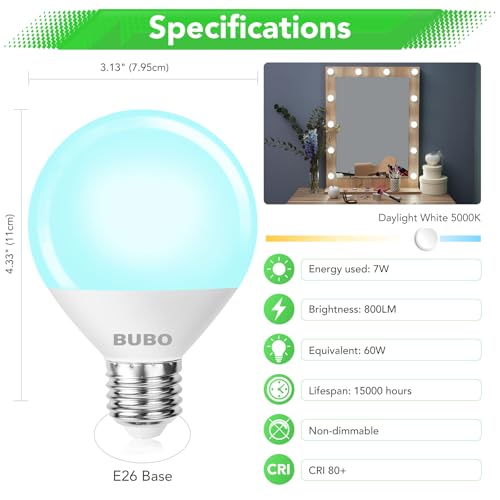 Image of BUBO Vanity Light Bulbs 60 Watt Equivalent, Bathroom Light Bulb Daylight White 5000K, Round Globe Bulbs, G25 LED Bulbs 800 Lumens, E26 Medium Base, 7W, Non-Dimmable, 12 Pack