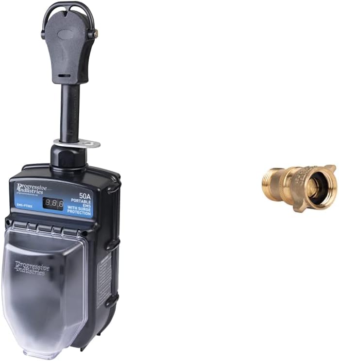 PROGRESSIVE INDUSTRIES RV Surge Protector 50 Amp with Electrical Management System, EMS-PT50X & Camco (40055) RV Brass Inline Water Pressure Regulator-Pressure City Water