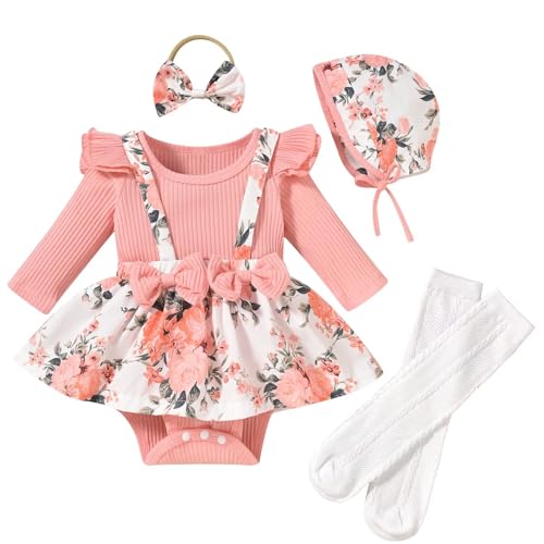 Image of Unutiylo Preemie Newborn Baby Girl Clothes Romper Suspender Dress Fall Winter Outfits Ruffle Long Sleeve Jumpsuit