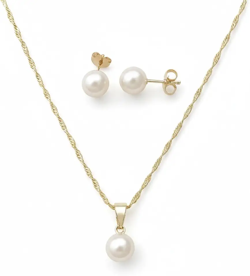 Conjunto Semijoia Colar E Brinco Pérola Banhado a Ouro 18k Presente