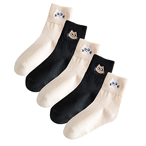 Digoon Lot de 5 paires de chaussettes mignonnes en forme de chat pour femme, chaussettes pour femme, cadeaux de Noël amusants pour les amoureux des chats, noir et blanc