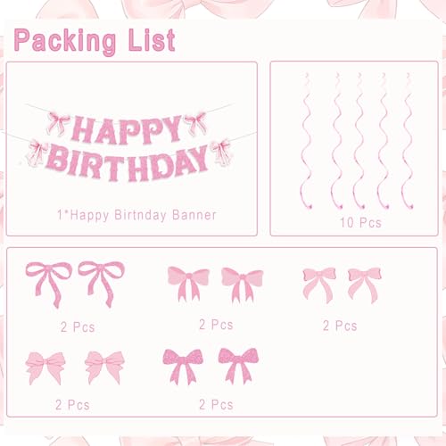 Image of Pink Bow Birthday Decorations - Happy Birthday Banner & Garland with 10 Pink Bows for Girls' Coquette Parties