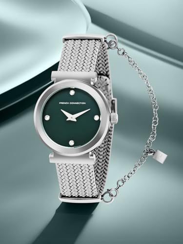 Image of French Connection 2 Hands Green Round Dial Stainless Steel Mesh Strap | Casual | Premium | MOP Dial with Stones Feature | Wrist Watch for Women - FCH8SM