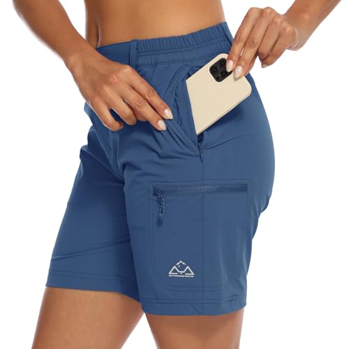 donhobo Women's Outdoor Walking Shorts, Ladies Summer Cargo Shorts Lightweight Quick Dry Waterproof Stretch Shorts Trousers with Zipped Pockets Denim Blue L