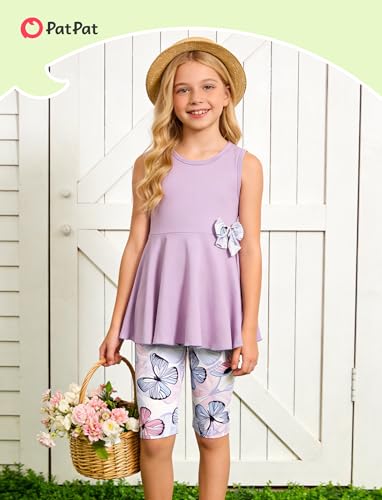 Image of PATPAT Girls Summer 2 Piece Outfits 4-12Y Butterfly Bow Sleeveless Tunic Tops and Floral Print Shorts Cute Clothes