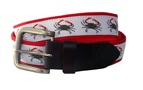 Men's Blue Crab Leather Belt, Blue Crab Ribbon on Red