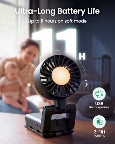 Image of GROWNSY 4-in-1 Portable Baby Stroller Fan with Clip & Night Light, Black