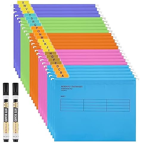 Plastic Colored Hanging File Folder with Tab, 2 Markers, Letter Size, 24 Pack Hanging Organizer File Folder for Home, School or Work Cover