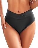 Zmart Womens High Waisted Bikini Bottoms - V Cut Full Coverage Bathing Suit Swimsuit Bottom with Twist Front Black L