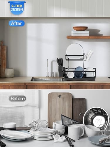 Yabano 2 Tier Dish Drainer, Multifunctional Dish Drainer Rack, Rustproof Kitchen Dish Drying Rack with Drainboard & Utensil Holder, Space-Saving Dish Rack for Kitchen Counter - Image 3
