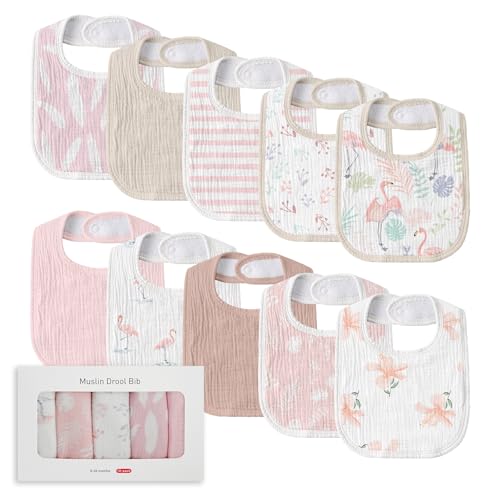 Image of Muslin Baby Drool Bibs for Unisex Boys Girls, 10 Pack Soft Cotton Baby Bib for Teething Drooling, Essentials Shower Gift (10, Light Pink)