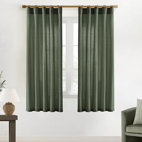 Image of XTMYI 68 Inch Curtains 2 Panel Set,Linen Boho Semi Sheer Curtains for Bedroom Living Room,40x68 in Long,Olive Green