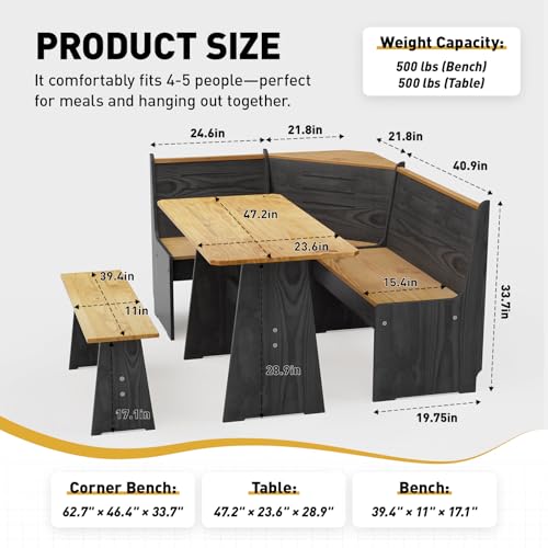 Image of Kitchen Breakfast Nook Table Set - Solid Wood Corner Bench Dining Set for 4-6 People, L Shaped Bench for Dinner Room, Space Saving Kitchen Booth Seating with Table for Small Space, Ink Black