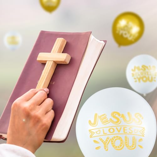Image of Gejoy 60 Pcs Jesus Loves You Balloon 12 Inch Latex Christian Religious Jesus Balloon Party Decor for He Is Risen Party Decor Favor Cross Church Event Birthday Sunday Supplies(Gold White)