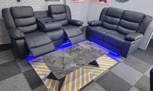 Madrid Leather Electric Recliner Sofa With Cupholders - Leather Sofa - 3+2 Seater - USB Charging Ports - LED Lights (Black 3+2 Seater)