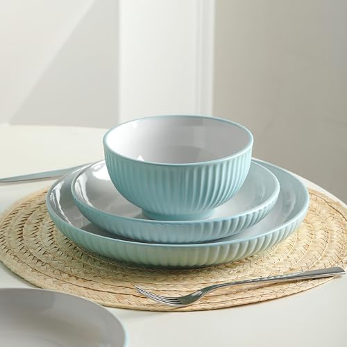 Image of Christian Siriano Lustra Modern 16-Piece Stoneware Dinnerware Set, Plates and Bowls Set, Dinner and Salad Plates, Ramen Bowls, Dishes for 4, Teal