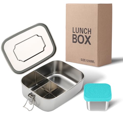 LEEPENK Stainless Steel Bento Box (40oz) with 6oz Condiment Container for Women, Leak Proof Metal Lunch Container with 3 Compartments, Metal Food Storage Lunch box for Work, Travel, Adults