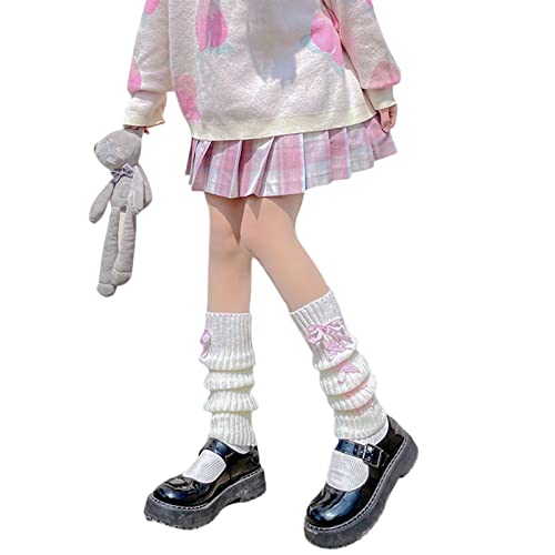 Image of Lolita Knit Leg Warmers Ribbon Bow Knot Japanese Cable Knit Footless Boot Socks Kawaii Leg Sleeves