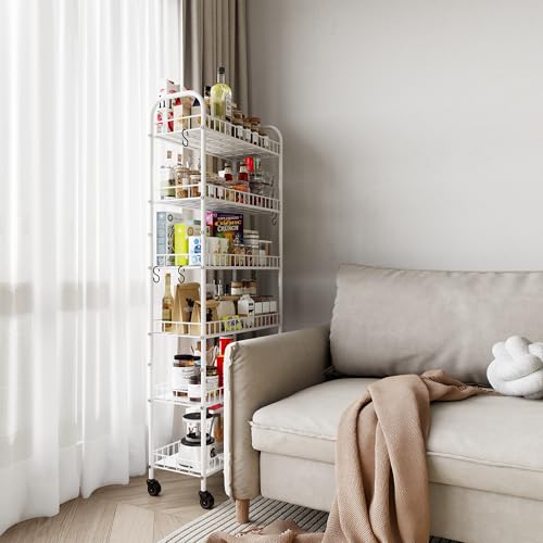 Qiaoxuan 6 Tier Slim Rolling Storage Cart with Wheels, Metal Mobile Shelving Unit Organizer Utility Cart for Office Bathroom Kitchen Laundry Room Narrow Places (White 10 Inches) by Qiaoxuan - Image 8