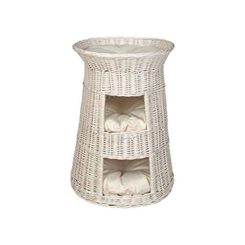 Damian-Wiklina Wicker Three Tier Pet Tower Cat/Dog Bed Basket - White colour - Pillows (Beige pillows) Cover