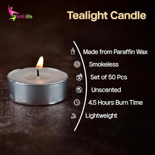 Image of Kriti Life Tealight Candles 100% Paraffin Wax 4.5 Hours | Set of 50 Pcs | Smokeless & Unscented | Dripless White Perfect Candles for Home Decor