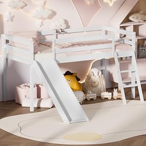 Low Loft Bed with Slide, Wood Twin Loft Bed Frame with Climbing Ladder & Storage Space for Kids Toddler (White) Low Loft Bed with Slide Wood Twin Loft Bed Frame with Climbing Ladder Storage Space for Kids Toddler White