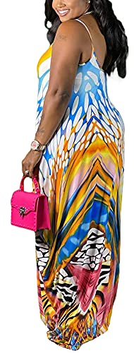 Image of BFFBABY Womens Summer Suspender Maxi Dress Plus Size Striped Printed Sleeveless with Pockets and Belt